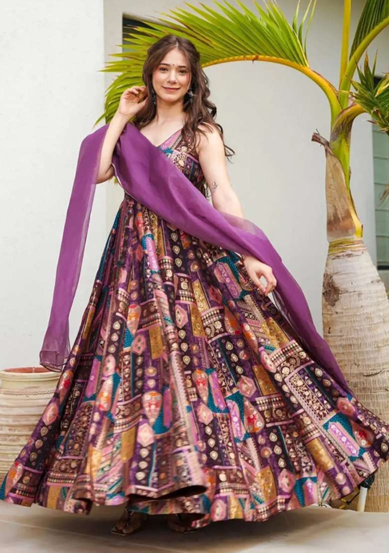 Purple Printed Silk Anarkali With Dupatta - Indya