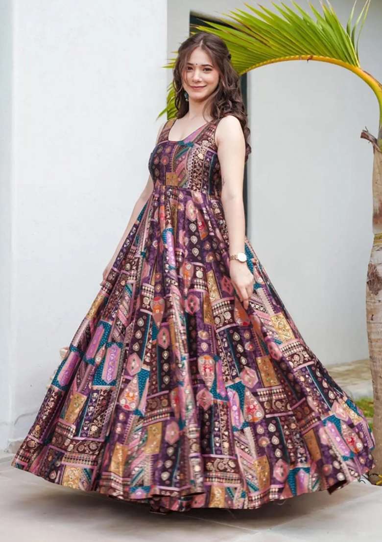 Purple Printed Silk Anarkali With Dupatta - Indya
