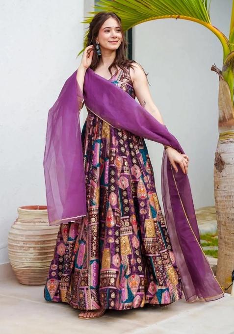 Purple Printed Silk Anarkali With Dupatta