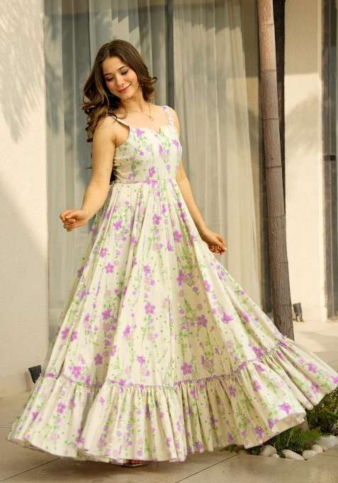Cream Printed Rayon Anarkali