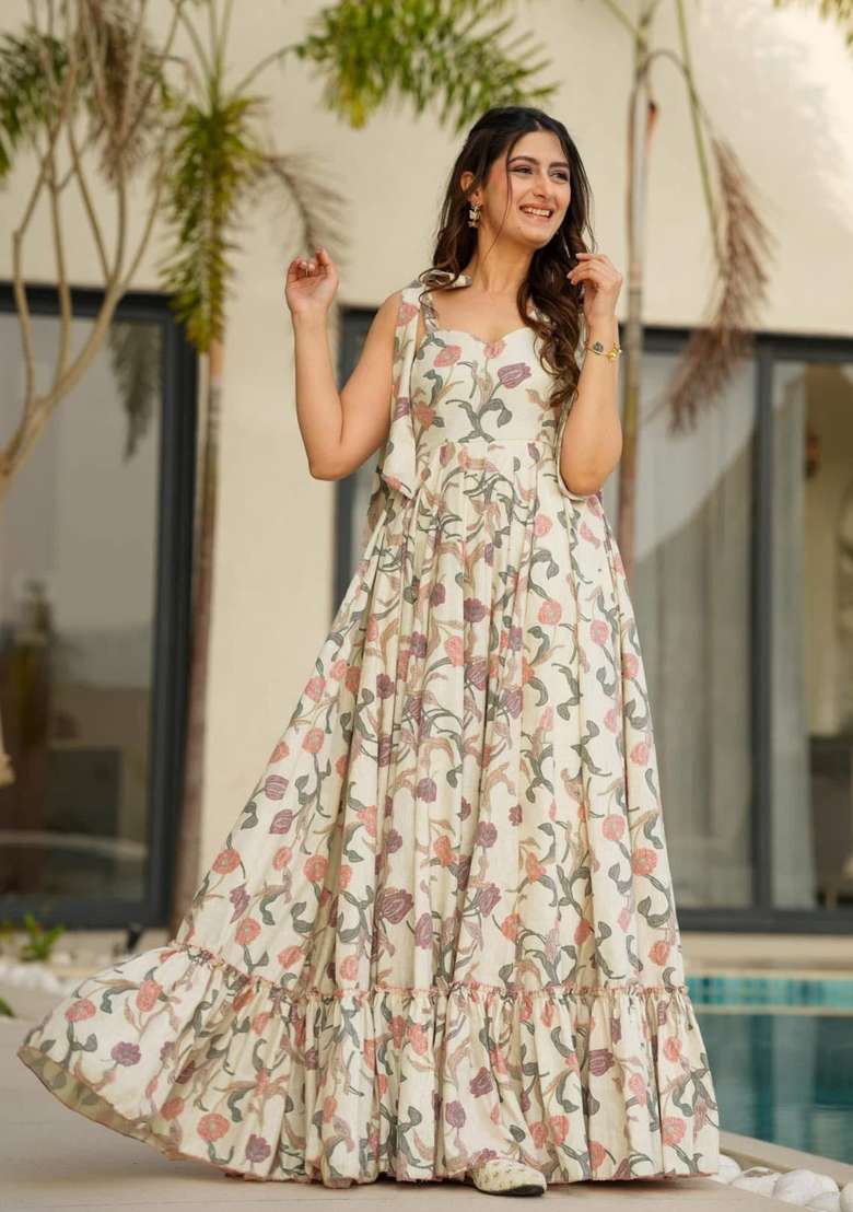 Cream Printed Rayon Anarkali - Indya