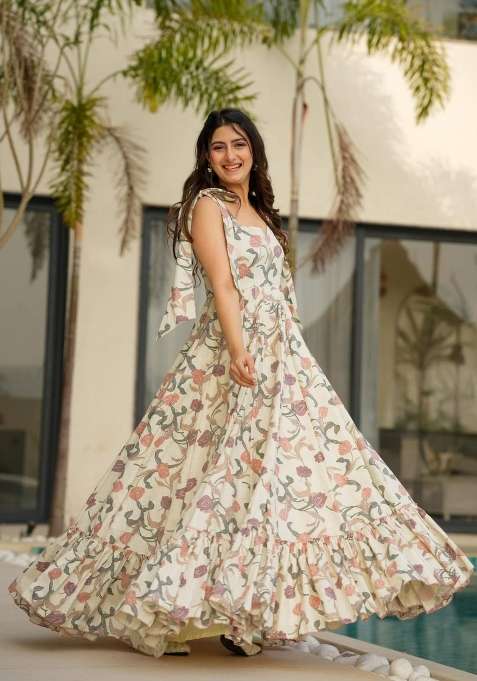 Cream Printed Rayon Anarkali