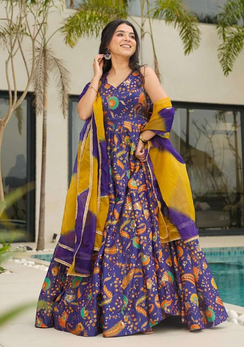 Multicolor Printed Silk Anarkali With Dupatta - Indya