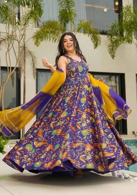 Multicolor Printed Silk Anarkali With Dupatta