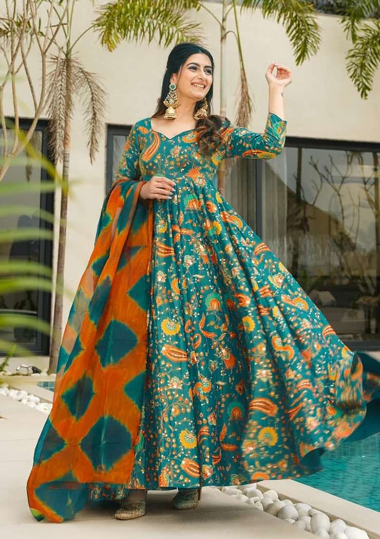 Multicolor Printed Silk Anarkali With Dupatta - Indya