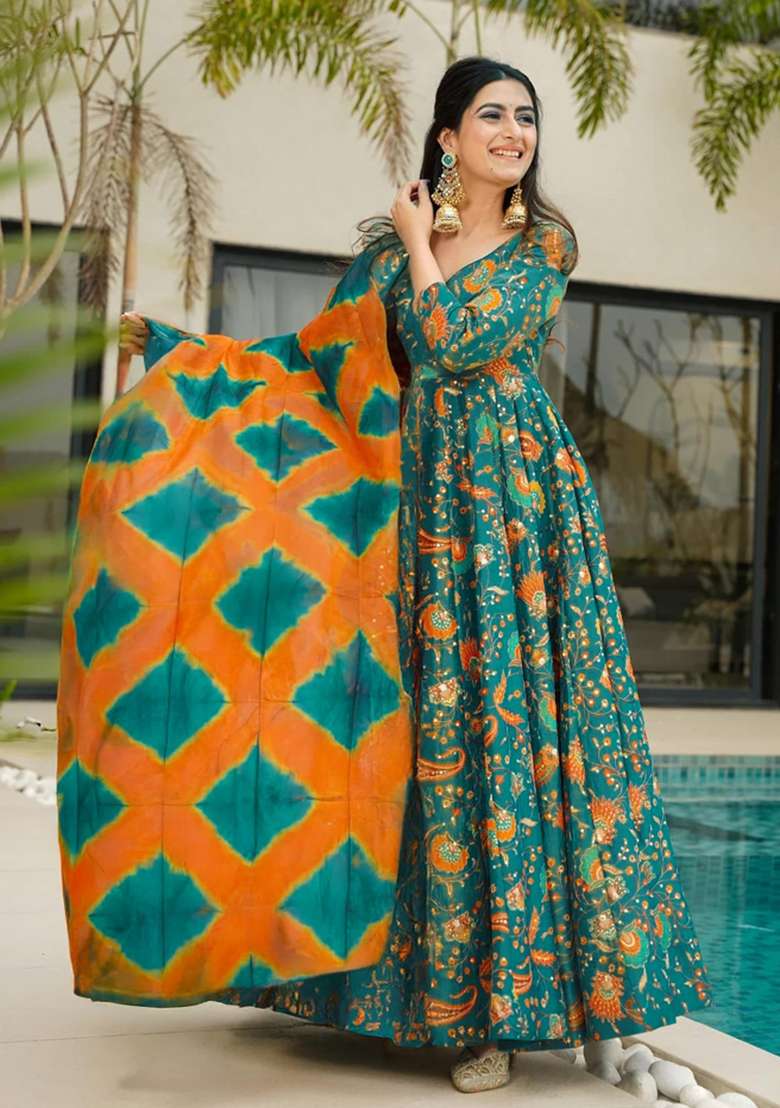 Multicolor Printed Silk Anarkali With Dupatta - Indya