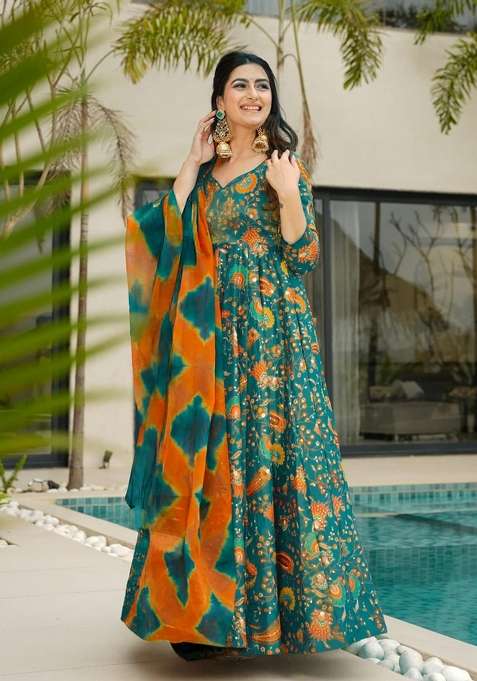 Multicolor Printed Silk Anarkali With Dupatta