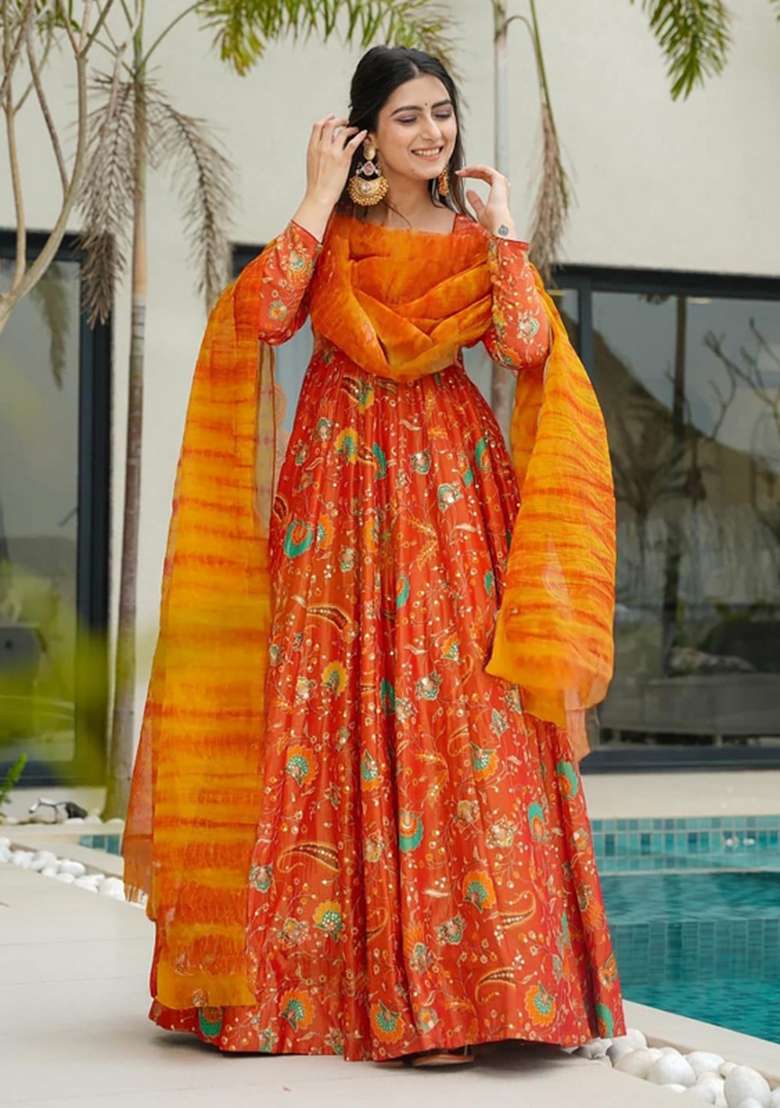 Multicolor Printed Silk Anarkali With Dupatta - Indya