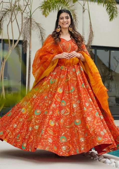 Multicolor Printed Silk Anarkali With Dupatta