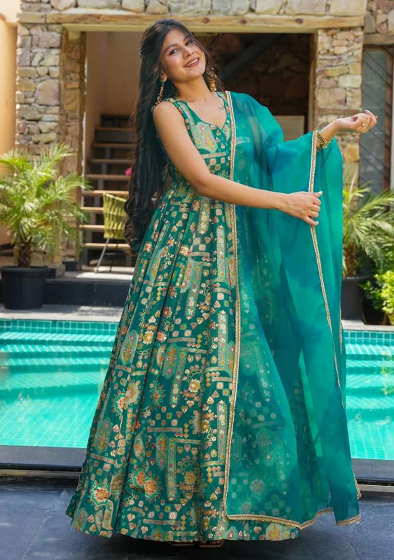 Multicolor Printed Silk Anarkali With Dupatta - Indya