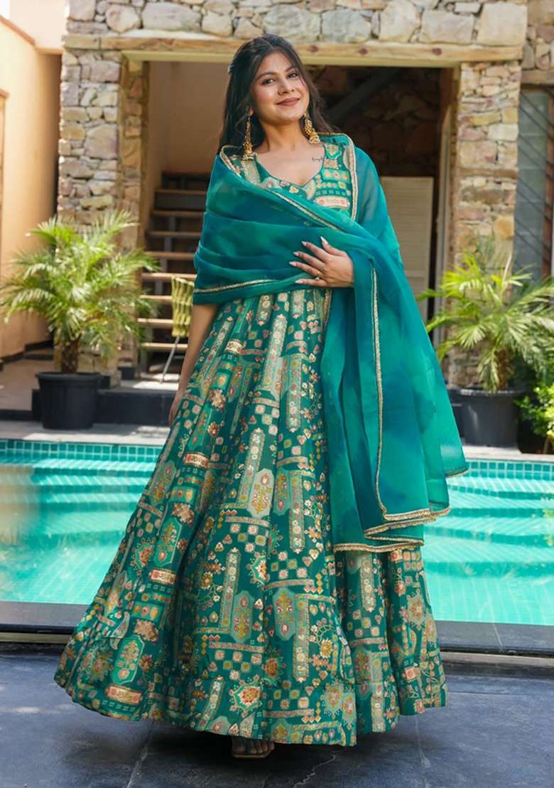 Multicolor Printed Silk Anarkali With Dupatta - Indya