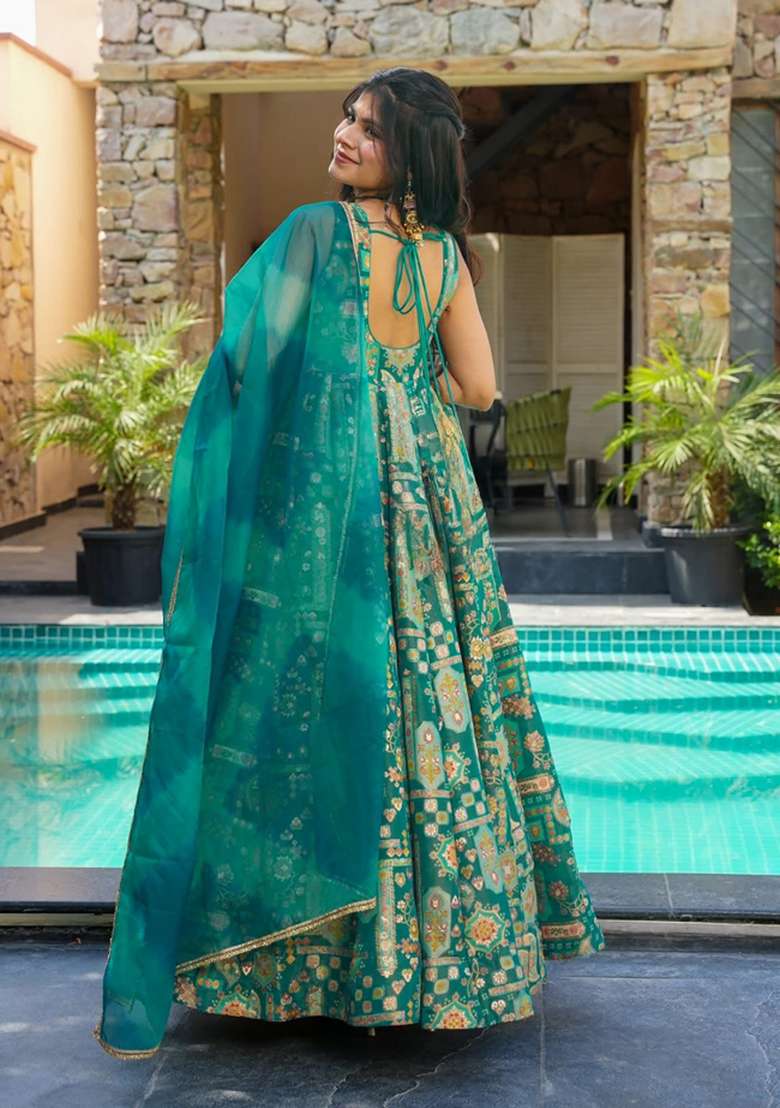 Multicolor Printed Silk Anarkali With Dupatta - Indya