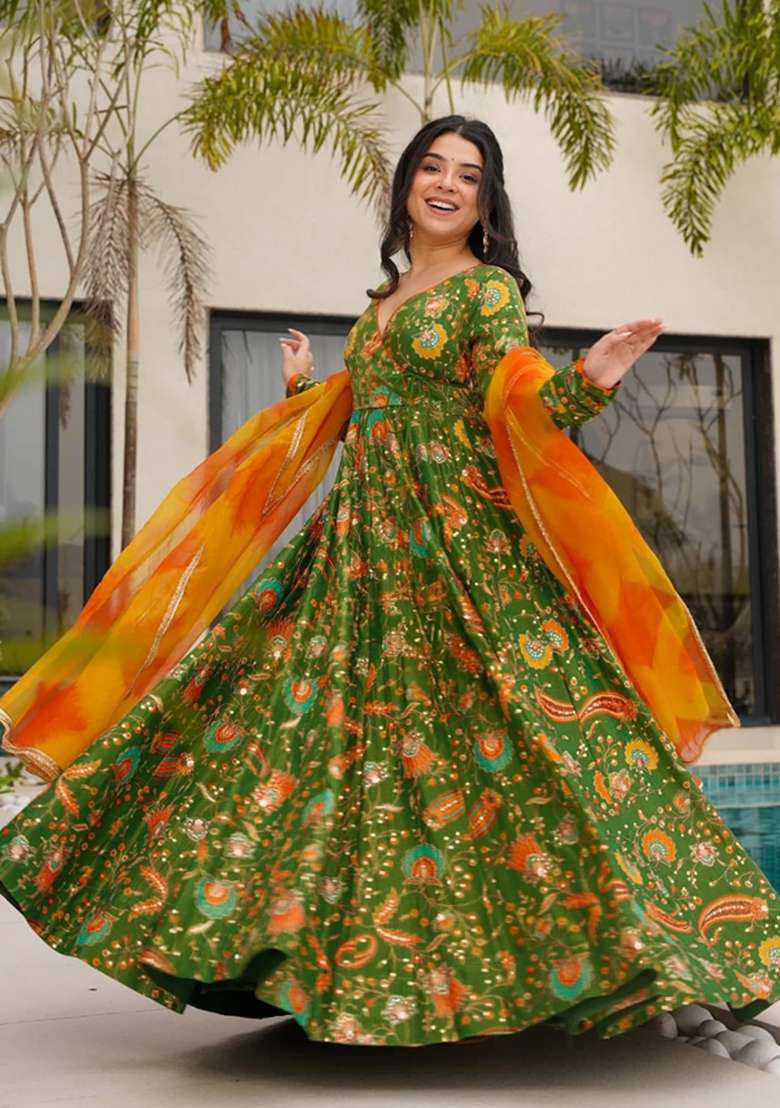 Multicolor Printed Silk Anarkali With Dupatta - Indya