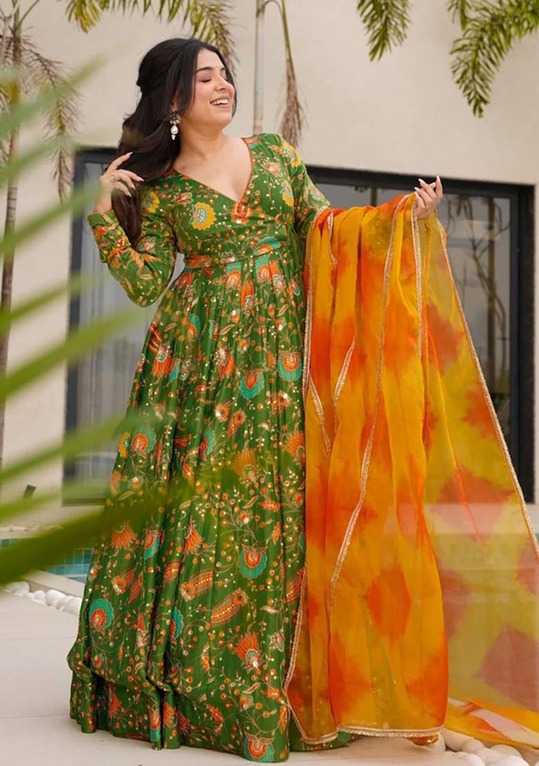 Multicolor Printed Silk Anarkali With Dupatta - Indya
