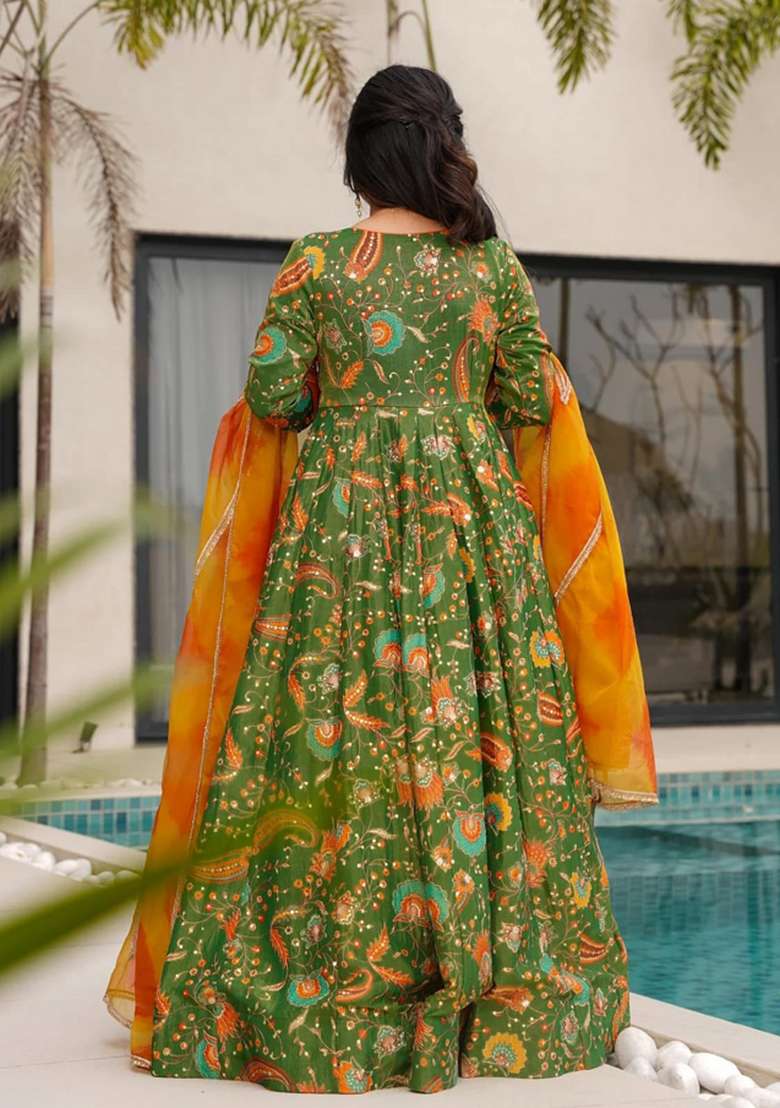 Multicolor Printed Silk Anarkali With Dupatta - Indya