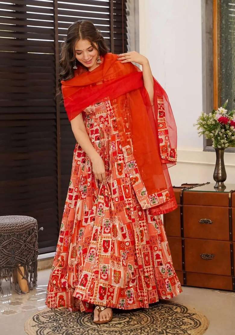 Multicolor Printed Silk Anarkali With Dupatta - Indya