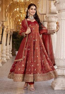 Rust Embroidery Cosmos Anarkali Set