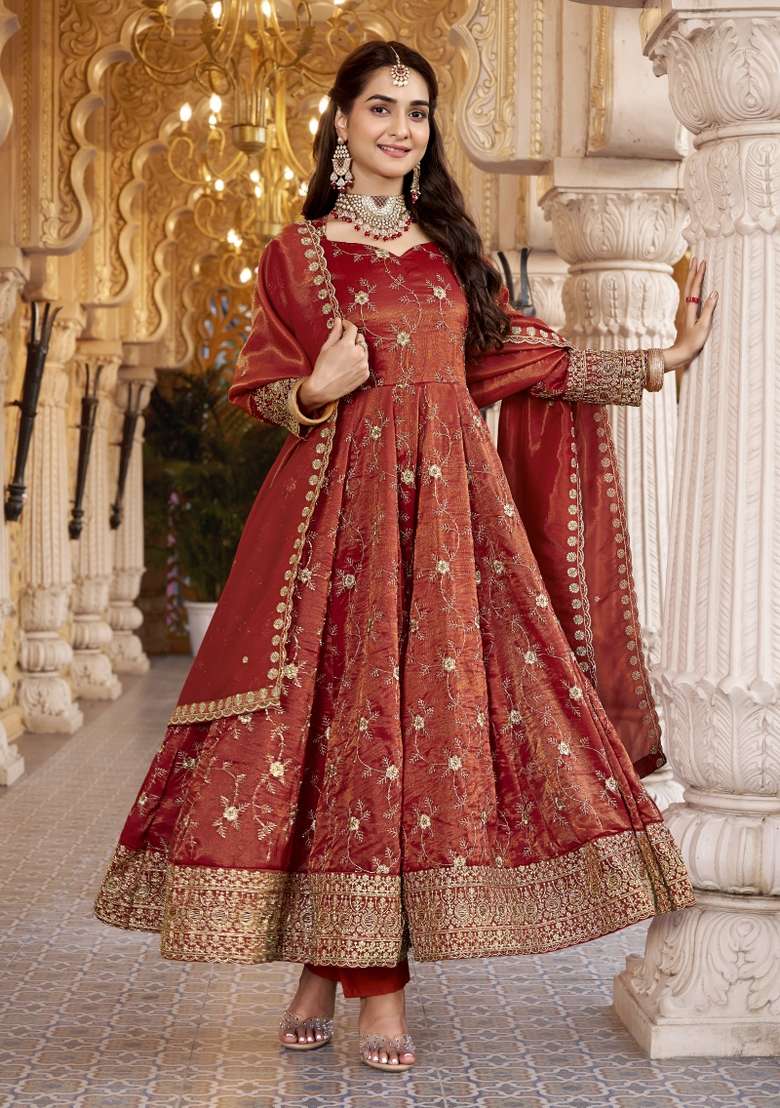 Rust Embroidery Cosmos Anarkali Set - Indya
