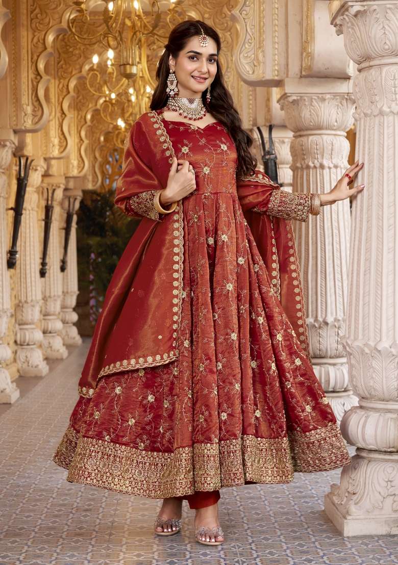 Rust Embroidery Cosmos Anarkali Set - Indya