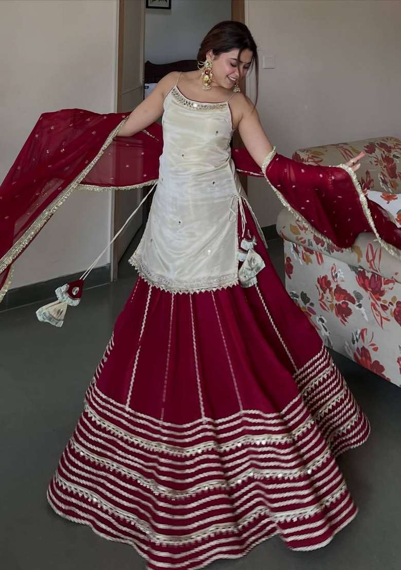 White Embroidery Vichitra Sharara Set - Indya