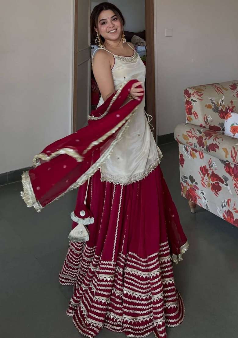 White Embroidery Vichitra Sharara Set - Indya