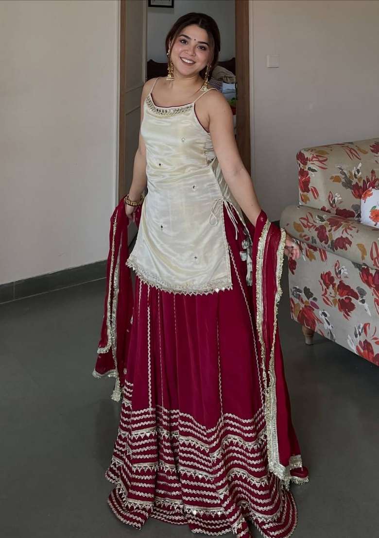 White Embroidery Vichitra Sharara Set - Indya