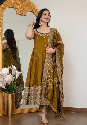 Mehendi Green Embroidery Vichitra Anarkali Set