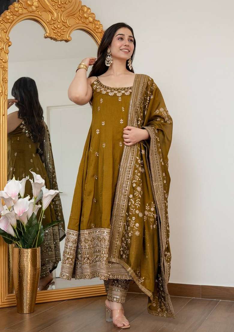 Mehendi Green Embroidery Vichitra Anarkali Set - Indya