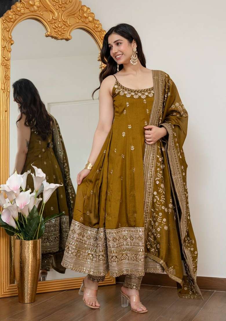 Mehendi Green Embroidery Vichitra Anarkali Set - Indya
