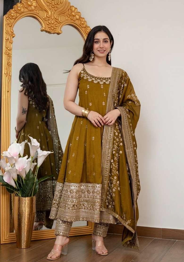 Mehendi Green Embroidery Vichitra Anarkali Set - Indya