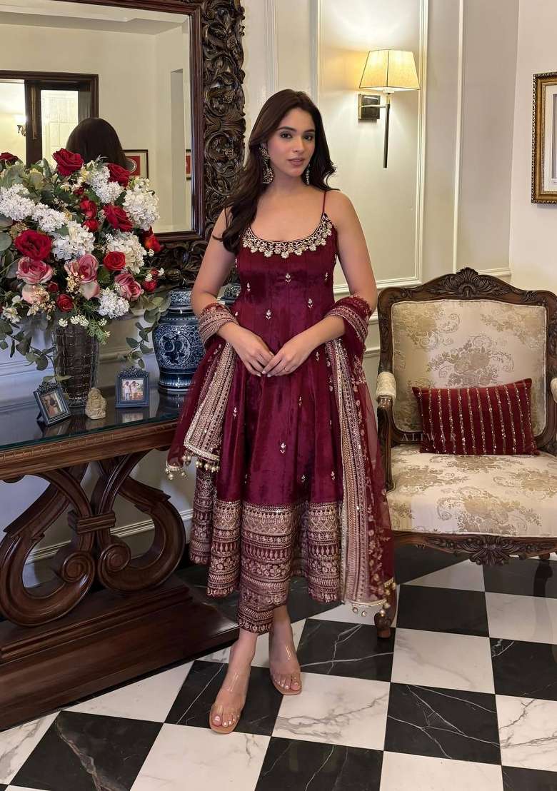 Maroon Embroidery Vichitra Anarkali Set - Indya