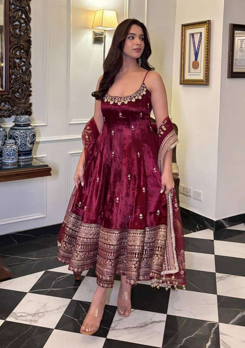 Maroon Embroidery Vichitra Anarkali Set - Indya