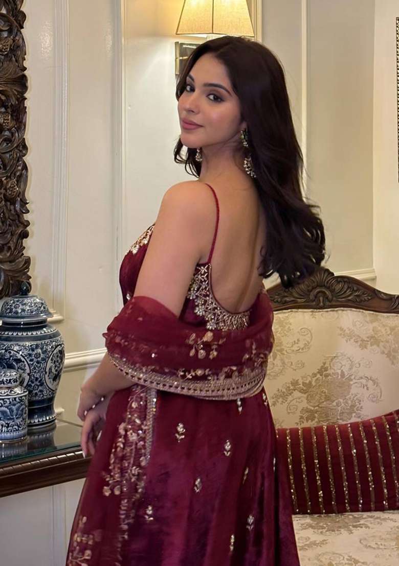 Maroon Embroidery Vichitra Anarkali Set - Indya