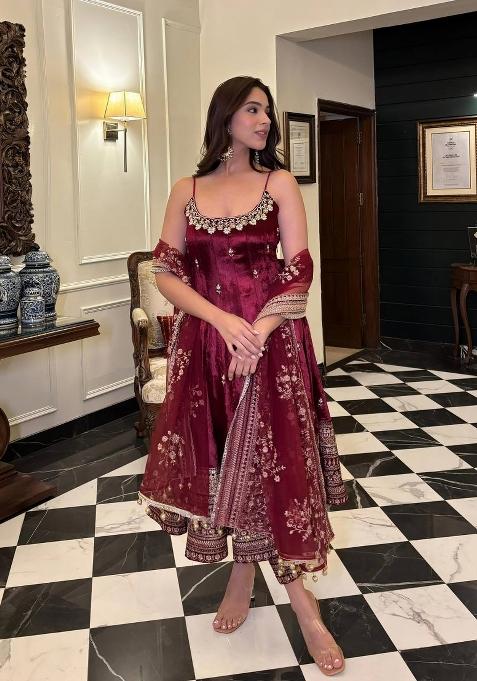 Maroon Embroidery Vichitra Anarkali Set
