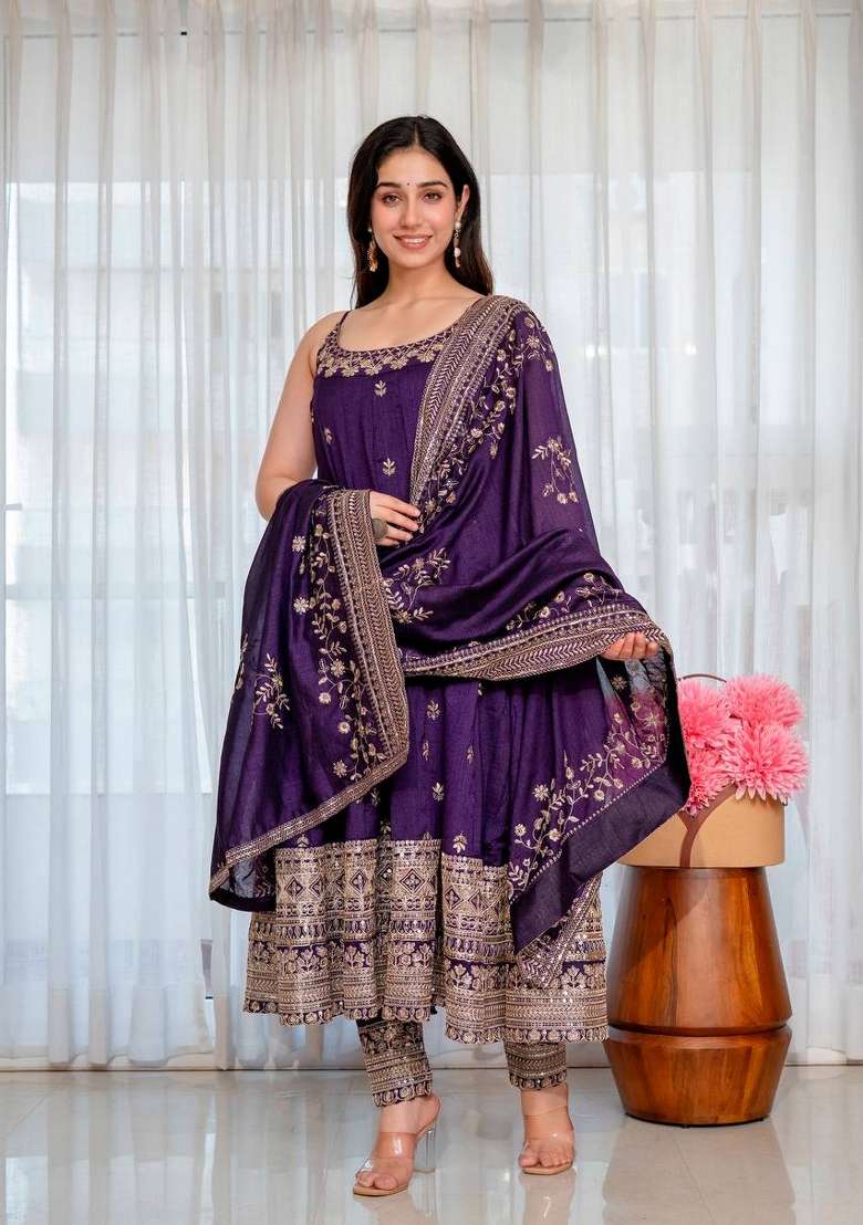 Purple Embroidery Vichitra Anarkali Set - Indya
