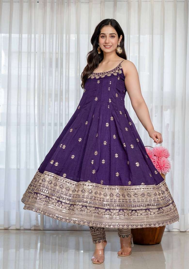 Purple Embroidery Vichitra Anarkali Set - Indya