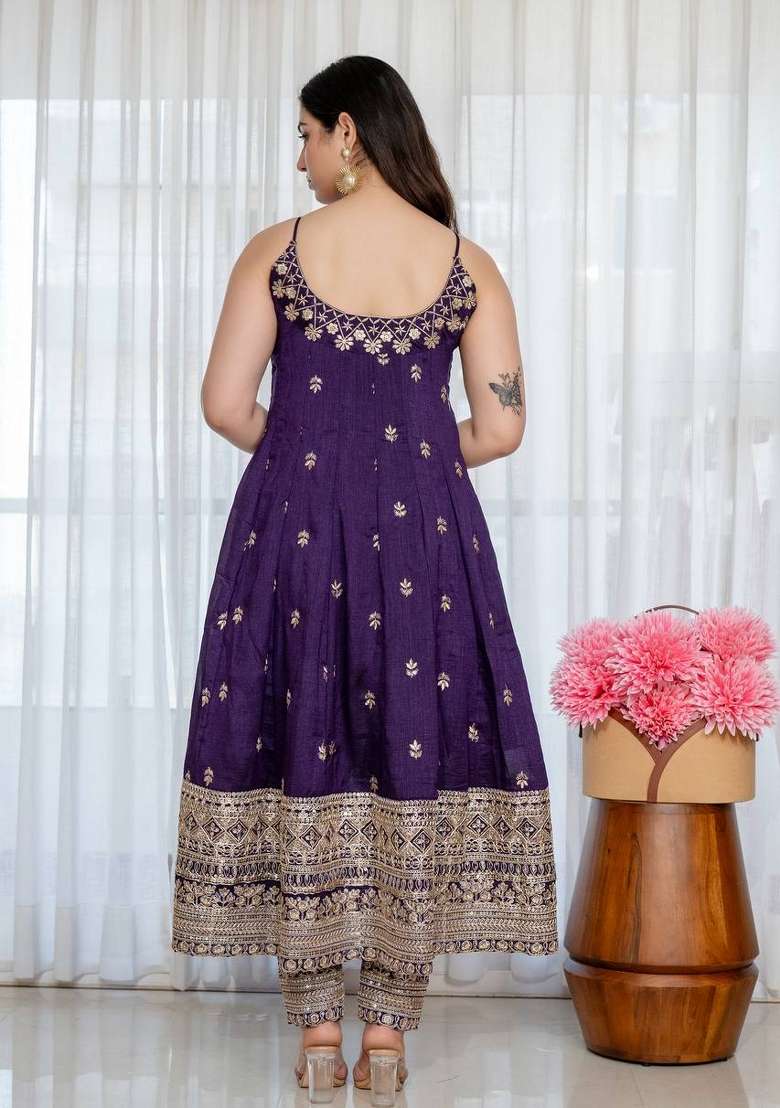 Purple Embroidery Vichitra Anarkali Set - Indya