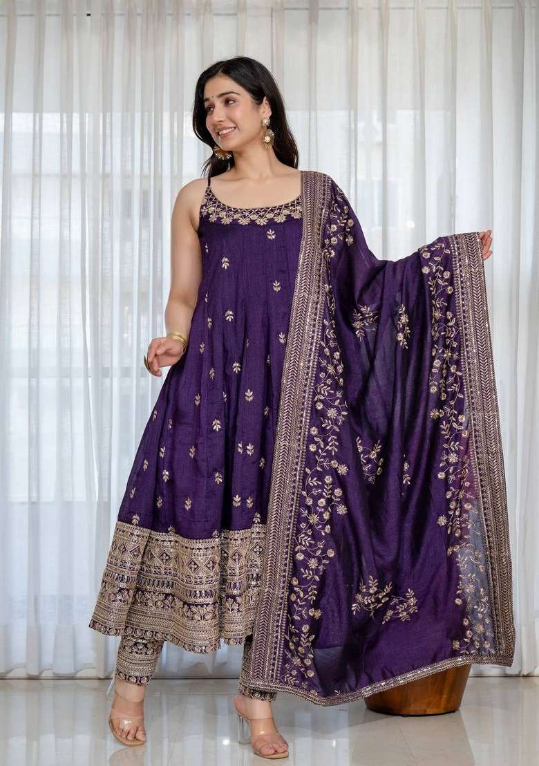 Purple Embroidery Vichitra Anarkali Set - Indya