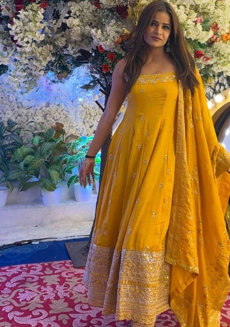 Yellow Embroidery Vichitra Anarkali Set - Indya