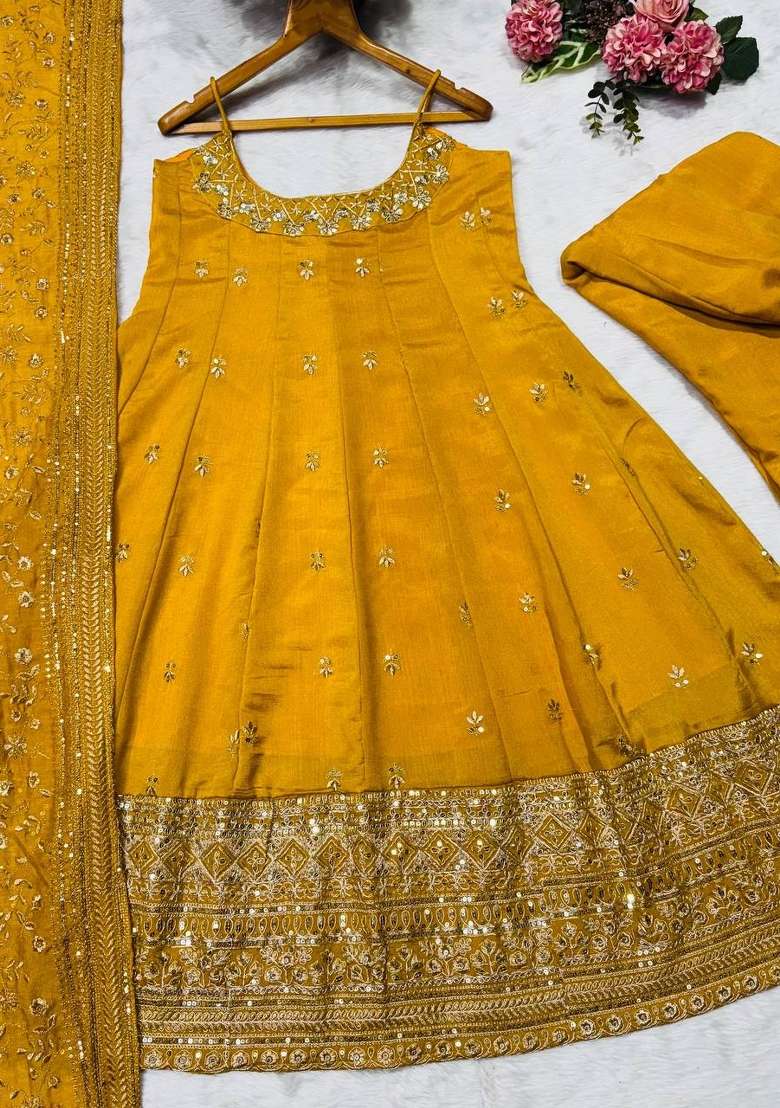 Yellow Embroidery Vichitra Anarkali Set - Indya