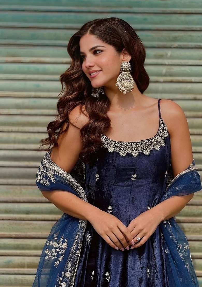 Blue Embroidery Vichitra Anarkali Set - Indya