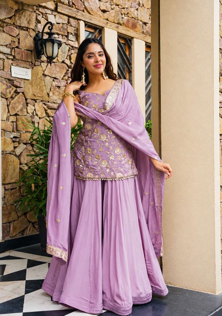 Lavender Embroidery Silk Palazzo Set - Indya