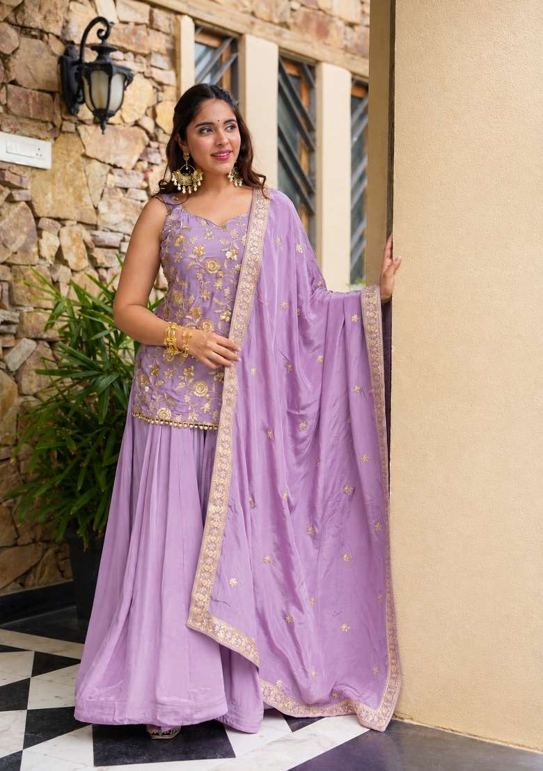 Lavender Embroidery Silk Palazzo Set - Indya
