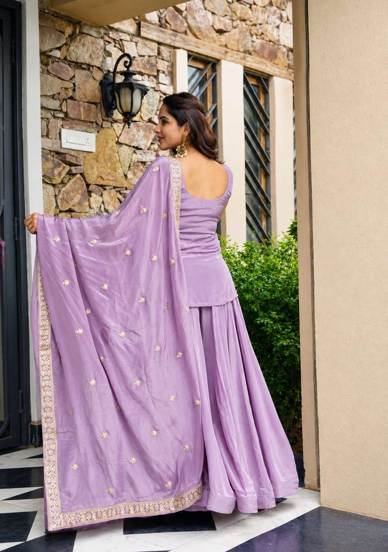 Lavender Embroidery Silk Palazzo Set - Indya
