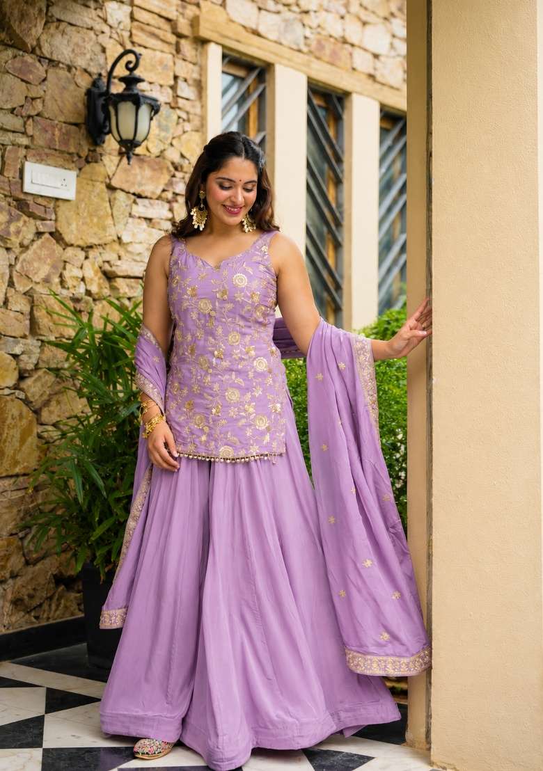 Lavender Embroidery Silk Palazzo Set - Indya