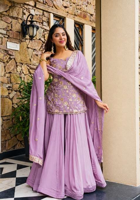 Lavender Embroidery Silk Palazzo Set