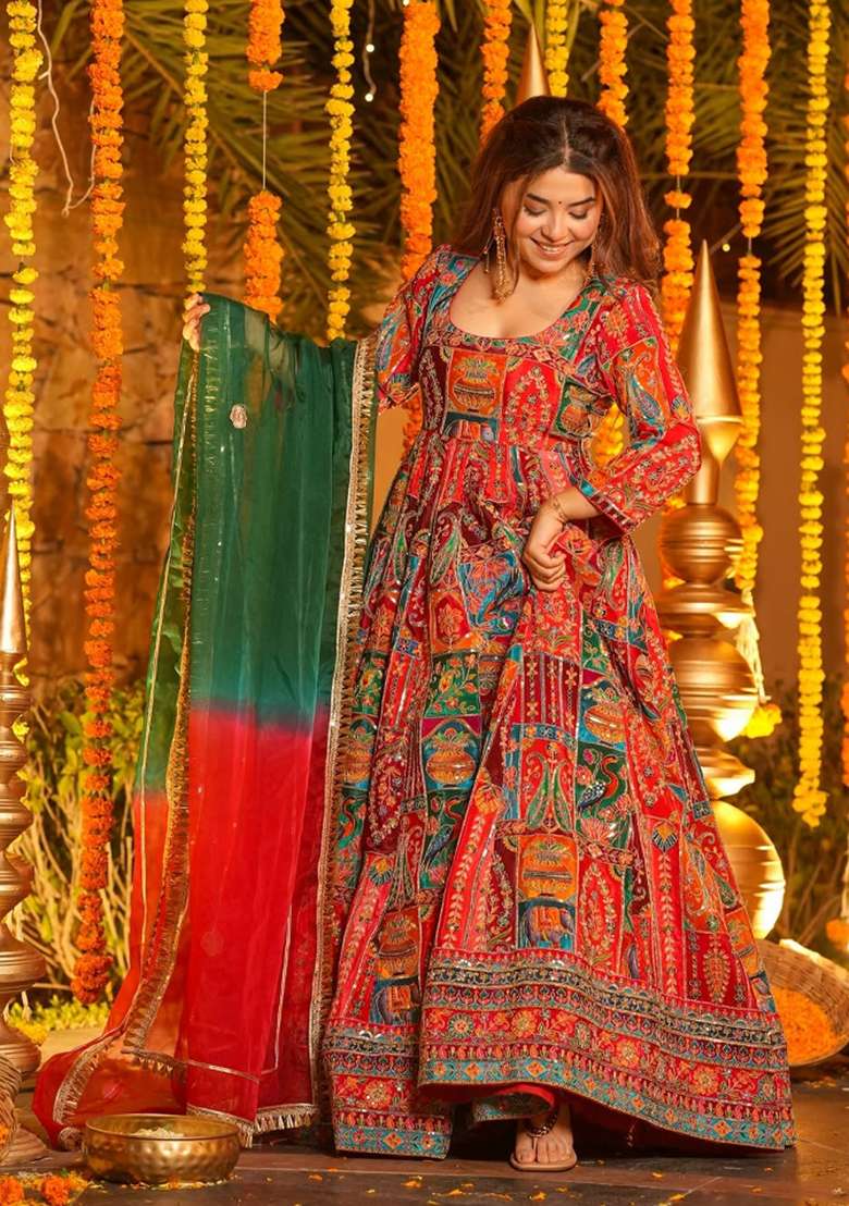 Red Embroidery Crepe Anarkali Set - Indya