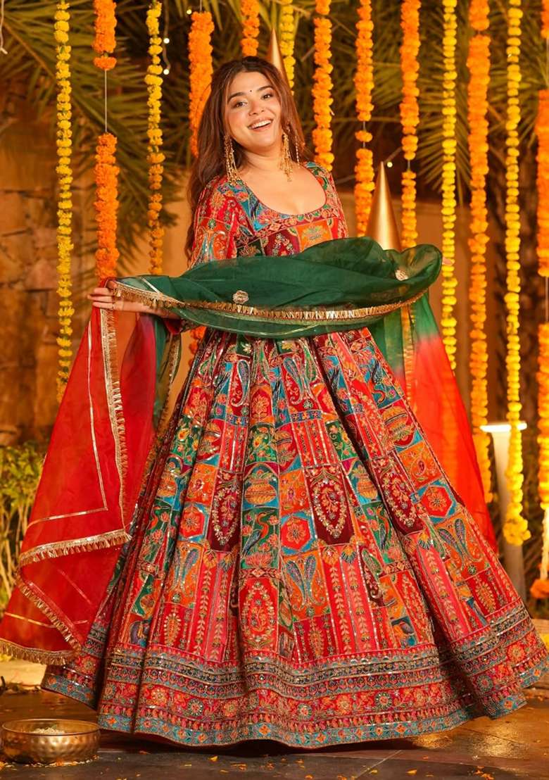 Red Embroidery Crepe Anarkali Set - Indya