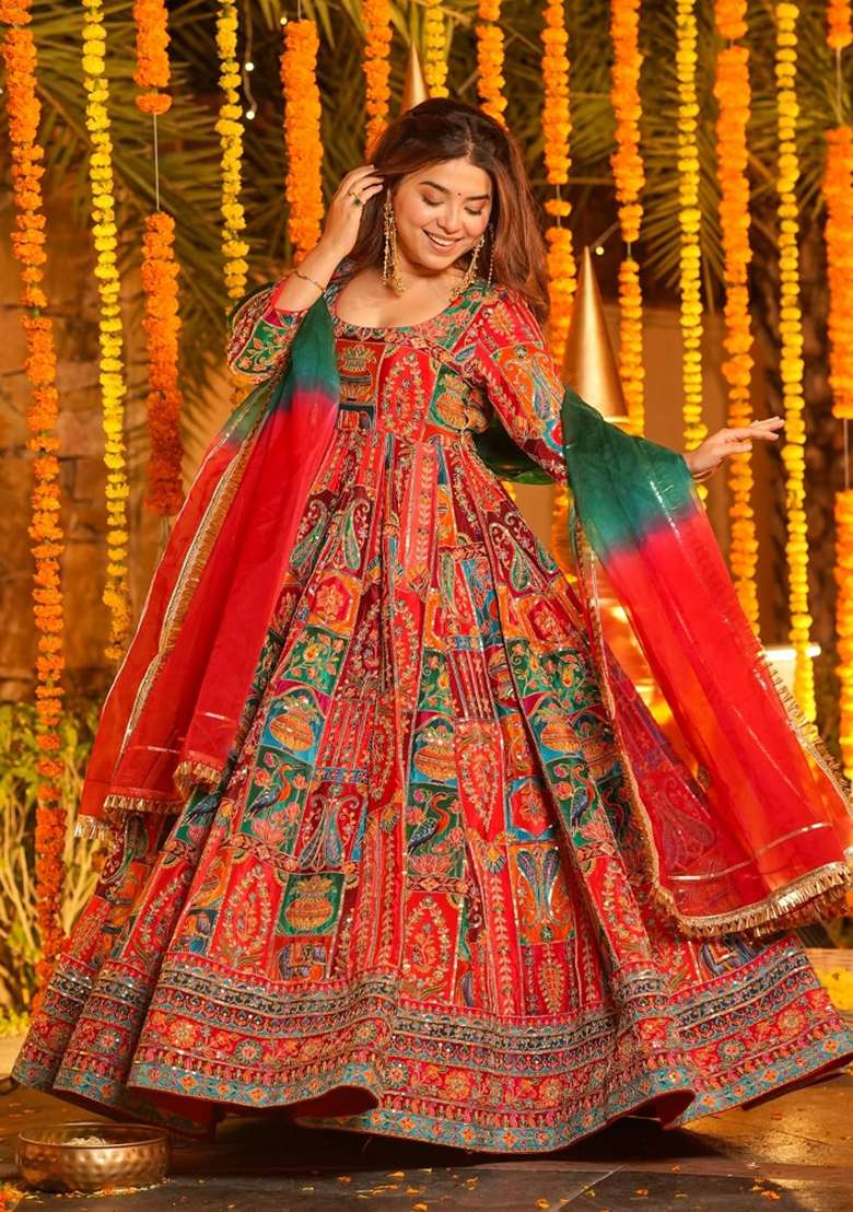 Red Embroidery Crepe Anarkali Set - Indya