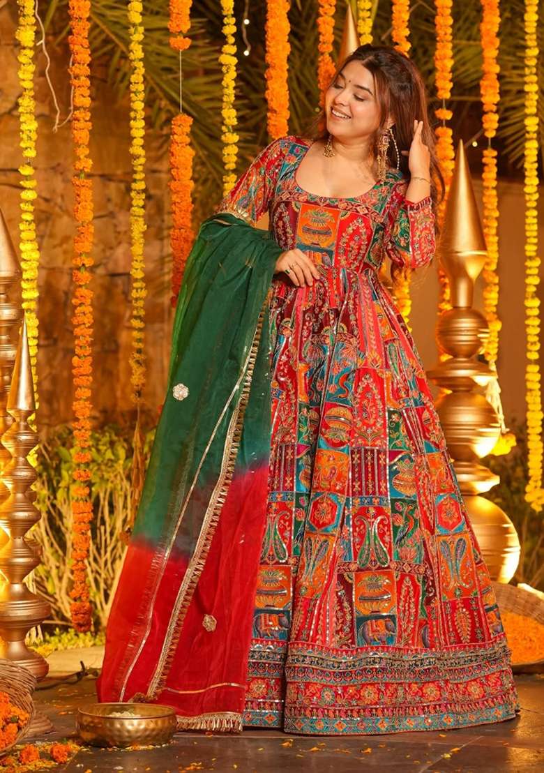 Red Embroidery Crepe Anarkali Set - Indya
